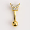 14k yellow gold butterfly curved barbell with CZ marquise and round stones, front view