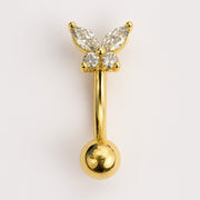 14k yellow gold butterfly curved barbell with CZ marquise and round stones, front view