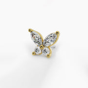 14k yellow gold diamond butterfly threadless stud end, angled view showing marquise and round diamond wings