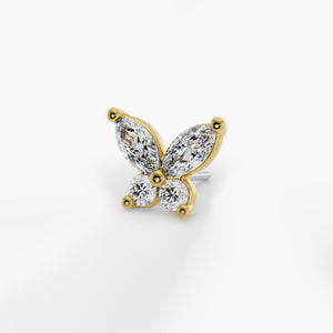 14k yellow gold diamond butterfly threadless stud end, angled view showing marquise and round diamond wings
