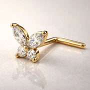 14k yellow gold diamond butterfly nose ring with L-post style, angled product view