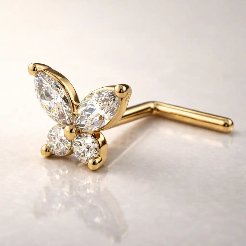 14k yellow gold diamond butterfly nose ring with L-post style, angled product view
