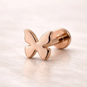 14k rose gold butterfly flat back labret stud showing warm polished finish, post, and flat disc backing