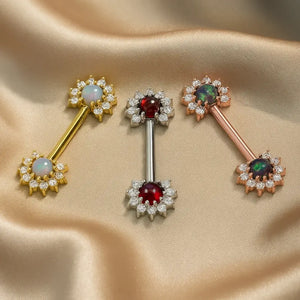All three gemstone variants of 14k gold diamond halo nipple barbell: white opal, garnet, and black opal
