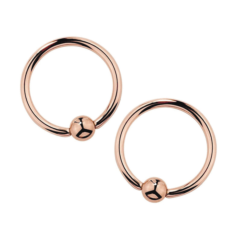 14k rose gold fixed bead nipple ring set of two, front view on white background