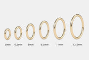 Seam ring diameter comparison showing sizes from 5mm to 12.5mm in 14k gold
