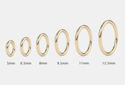 Gold seam ring hoop diameter size comparison chart from 5mm to 12.5mm