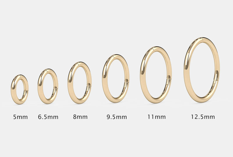 Seam ring diameter size comparison chart from 5mm to 12.5mm in 14k yellow gold