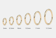 14K yellow gold segment rings in six sizes from 5mm to 12.5mm shown side by side for comparison