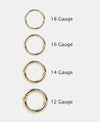 18K gold clicker hoop gauge comparison chart showing 18G, 16G, 14G, and 12G wire thickness