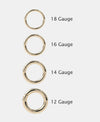 14K yellow gold segment ring gauge comparison chart showing 18G, 16G, 14G, and 12G thickness