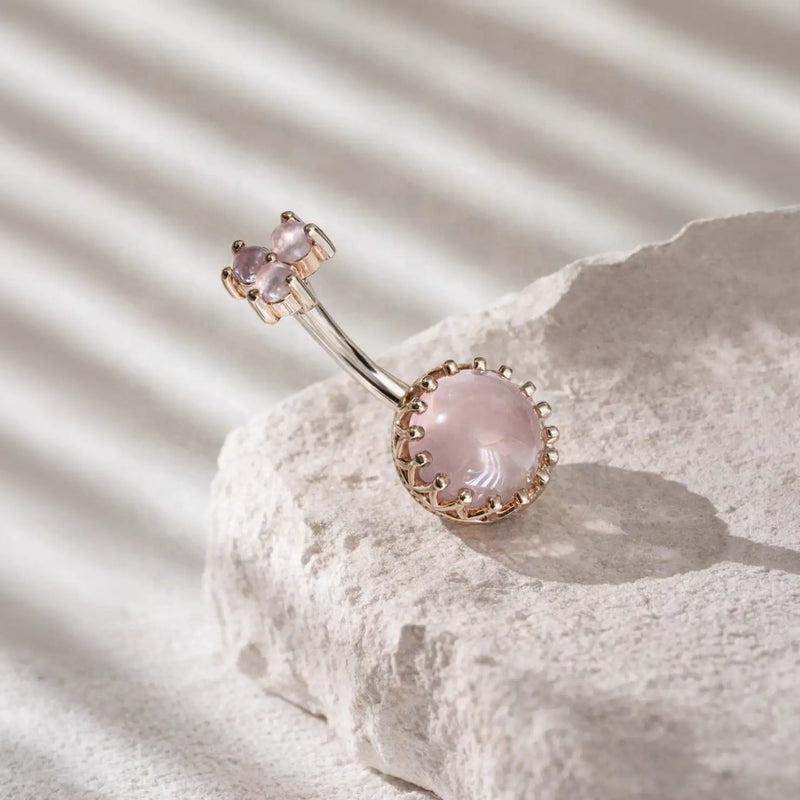Crown Jewels rose quartz belly button ring in solid 14k gold