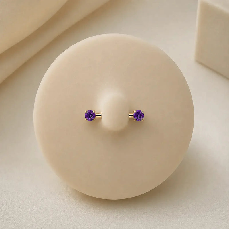 Purple cubic zirconia nipple barbell in solid 14k gold - for nipple piercings
