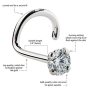 Annotated diagram of 14k white gold CZ twist nose ring showing barbell length and prong setting