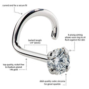 14k white gold CZ twist nose ring with labeled callouts for prong setting and 6mm length