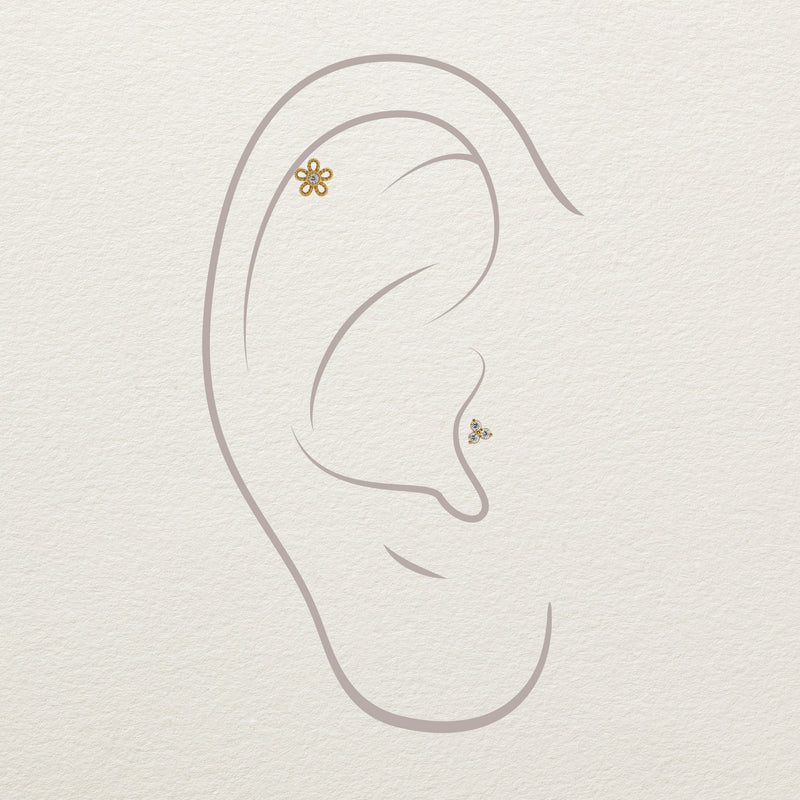 14k yellow gold diamond daisy stud end shown in illustrated helix and conch ear piercing placement