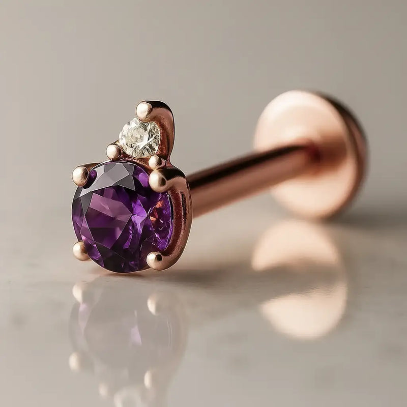 14k rose gold flat back labret with round amethyst and diamond accent, angled side view