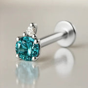 14k white gold blue topaz and diamond accent flat back labret, angled side view showing post and flat back
