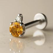 14k white gold citrine and diamond accent flat back labret, side angle showing stone detail and flat disc