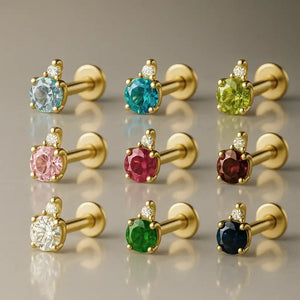 14k yellow gold diamond accent flat back labrets in nine gemstone colors, full collection group shot