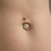14k yellow gold diamond navel ring shown in pierced belly button, fit and placement view