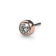 14k rose gold diamond bezel threadless push pin end, angled view highlighting warm gold bezel setting