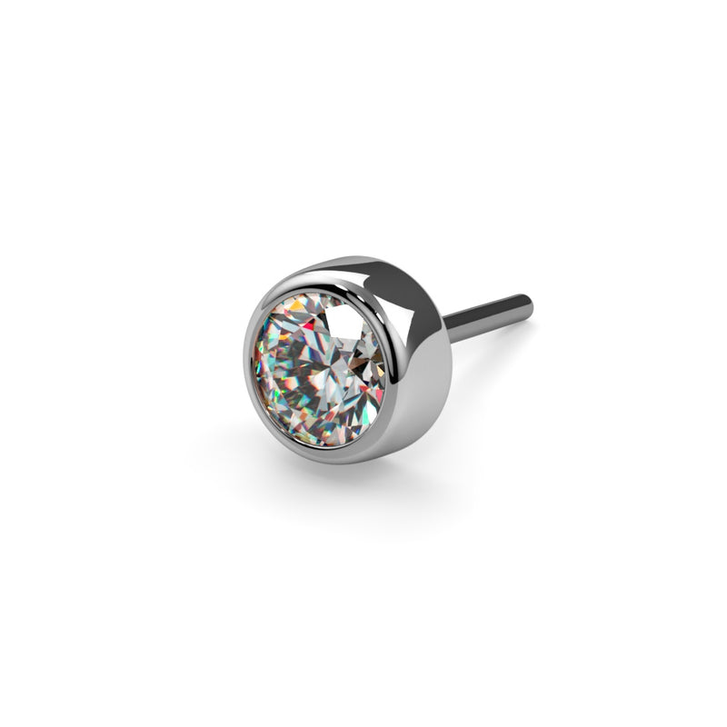 14k white gold diamond bezel threadless push pin end, angled view showing round VS1 diamond in bezel