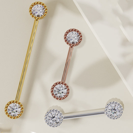 4mm Diamond Perlage 14K Gold Straight Barbell