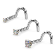 Set of three 14k white gold VS1 diamond nose rings with martini-prong setting in 1.5mm, 2mm, and 2.5mm
