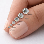 Round stone size comparison from 1.5mm to 4mm shown on fingertip, highlighting 3mm scale