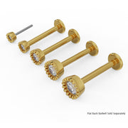 14k yellow gold diamond perlage ends shown assembled on flat back barbells, angled view