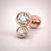 14k rose gold diamond bubble flat back stud small size, angled view showing dual bezel diamond drop design