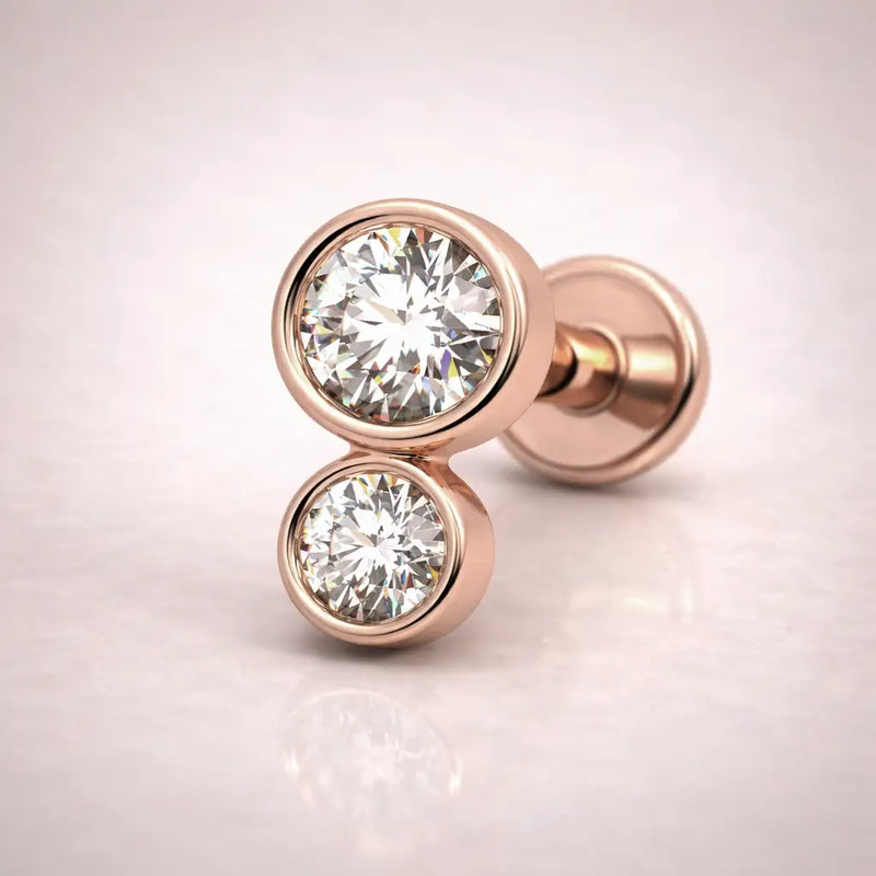 14k rose gold diamond bubble flat back stud small size, angled view showing dual bezel diamond drop design