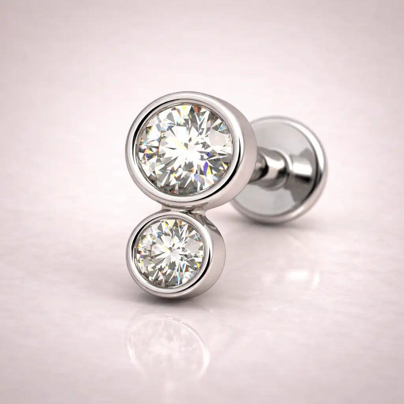 14k white gold diamond bubble flat back stud small size, angled view with flat push-pin backing visible