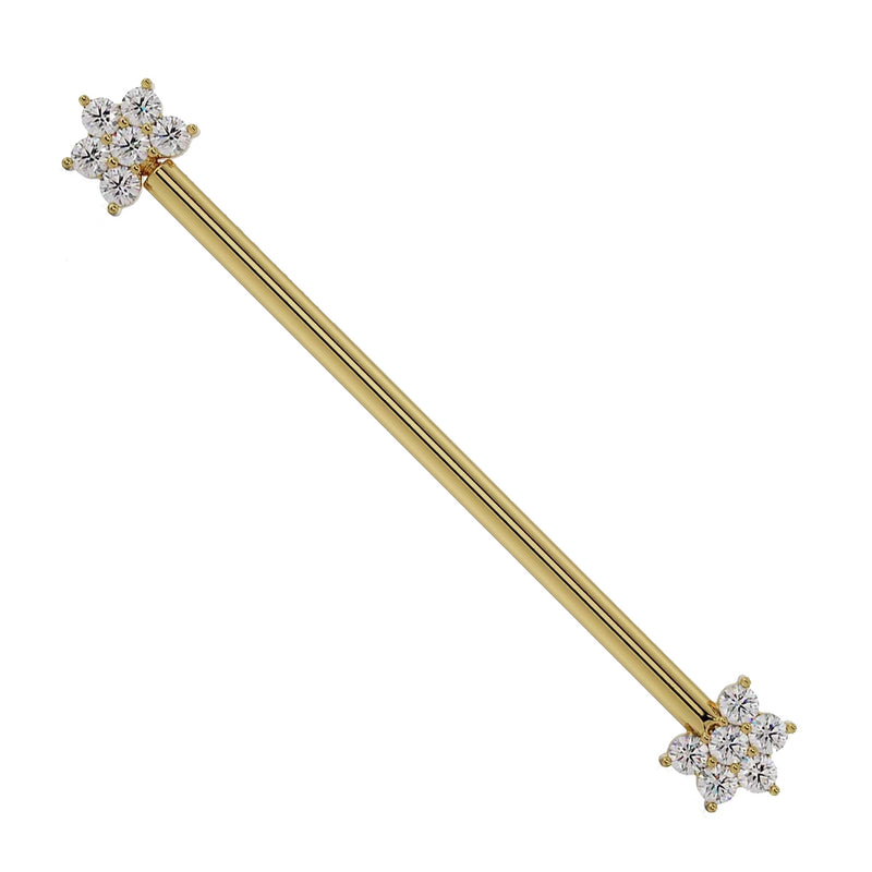 14k yellow gold diamond flower industrial barbell, angled view showing both floral ends