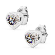 14k white gold diamond heart stud earrings pair, product render with sparkling diamonds in white gold bezels