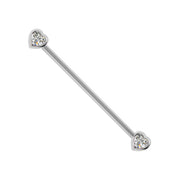14k white gold industrial barbell featuring two bezel-set heart diamonds, full length view