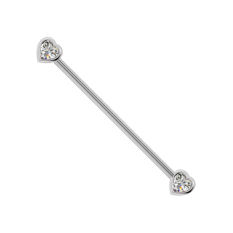 14k white gold industrial barbell featuring two bezel-set heart diamonds, full length view