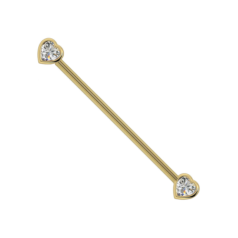 14k yellow gold industrial barbell with bezel-set heart diamond ends, front view