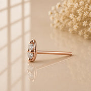 14K rose gold double diamond nose stud straight post, side profile showing stacked diamond setting