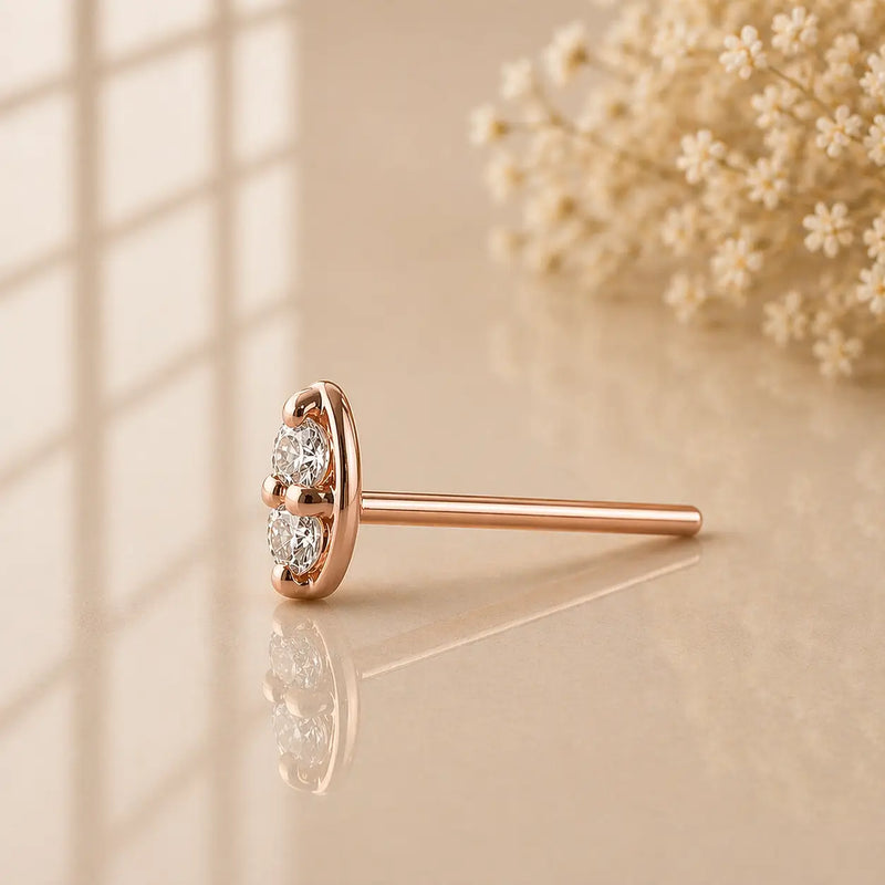 14K rose gold double diamond nose stud straight post, side profile showing stacked diamond setting
