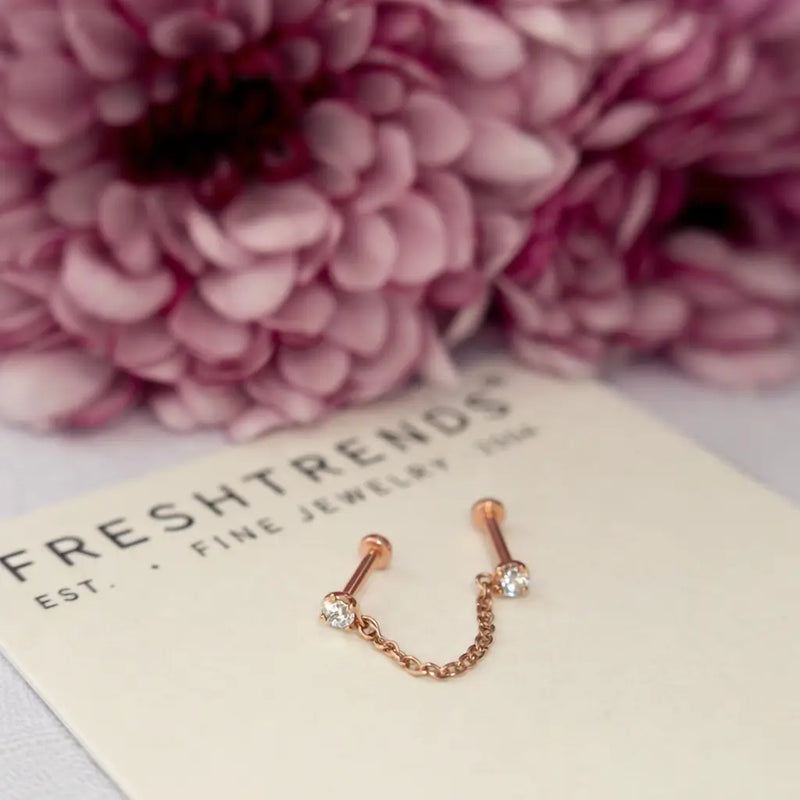 14k rose gold CZ chain connector flat back studs displayed on FreshTrends packaging card