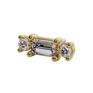 14k yellow gold baguette and duo round diamond threadless stud end, angled view showing prong detail