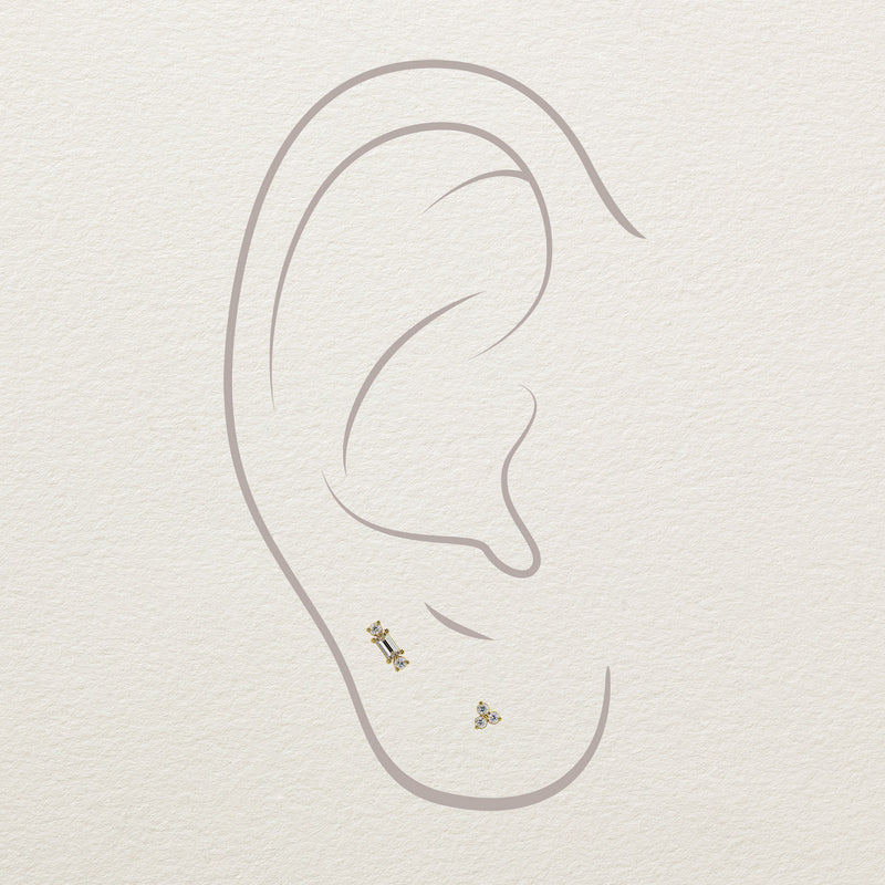 Illustration of baguette duo diamond stud end placement in helix and lobe ear piercings