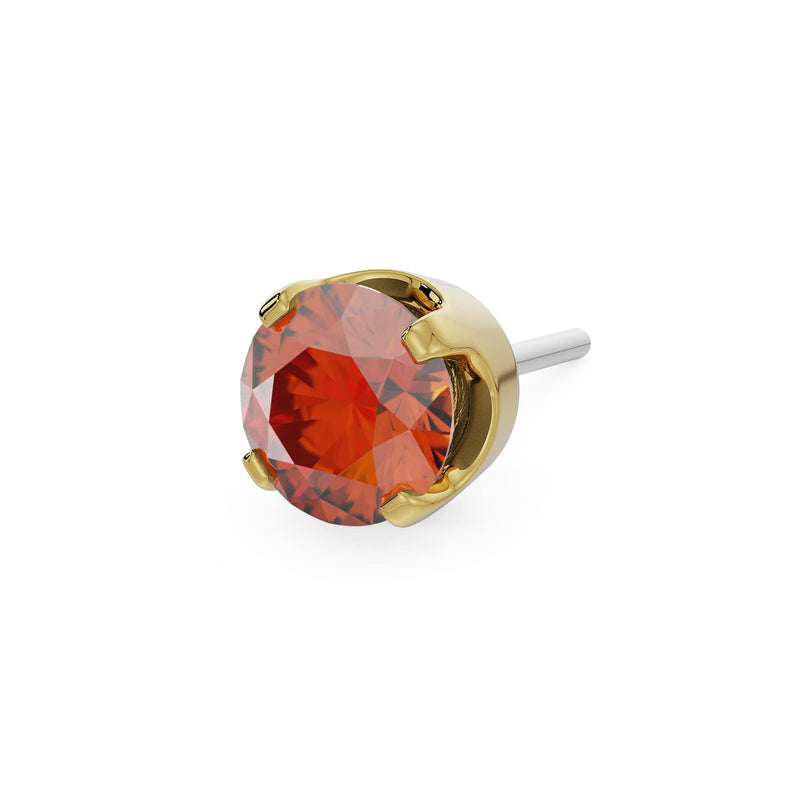 14k yellow gold 3mm fire opal solitaire threadless stud end with vivid orange-red faceted stone in prong setting