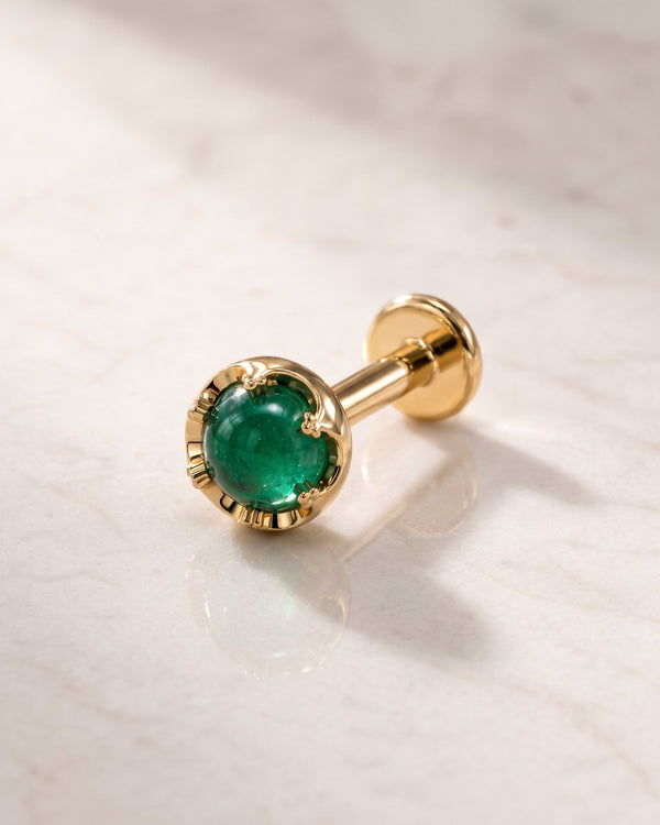 Gemstone flat back earrings - 14k yellow gold Reina crown-set emerald flat back stud on white marble