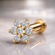 14k yellow gold diamond flower flat back labret with seven prong-set diamonds, angled product view