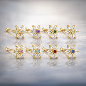 14K yellow gold CZ flower nose bone collection showing all 8 birthstone center color options