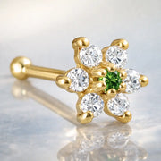14K yellow gold CZ flower nose bone with dark green emerald CZ center, angled product view