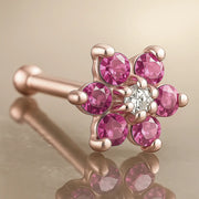 14K rose gold flower nose bone with pink CZ petals and clear CZ center, angled product view